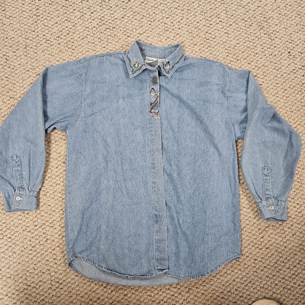 VTG Snowman Xmas Embroidered Button Up Denim Shirt Womens Medium
